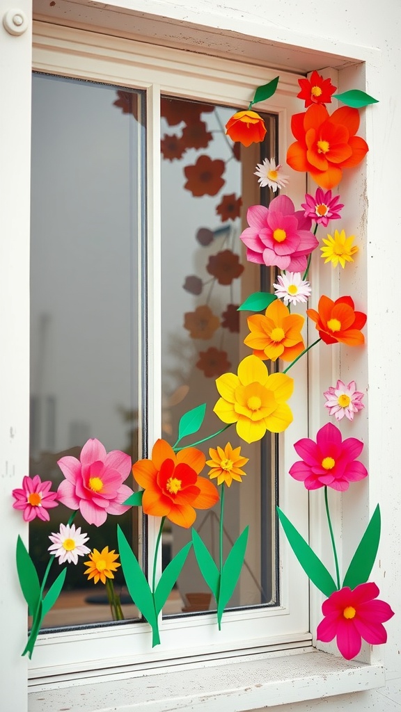 Colorful paper flower garland decorating a window