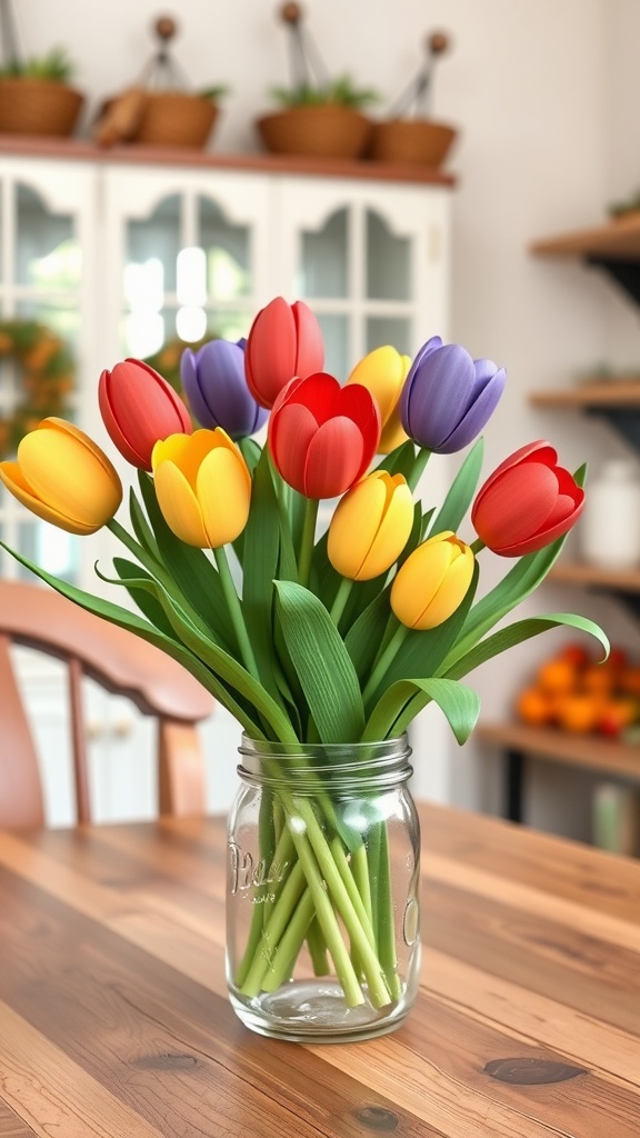 A bouquet of colorful wooden tulips in a glass jar on a wooden table.