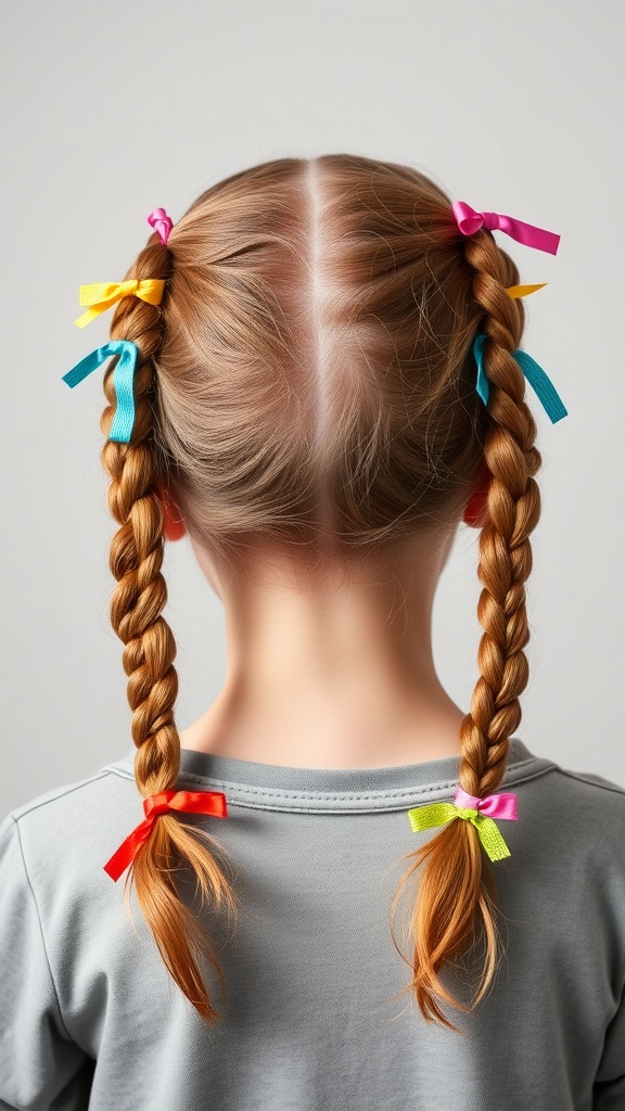 Back view of a girl with double braided pigtails adorned with colorful ribbons.