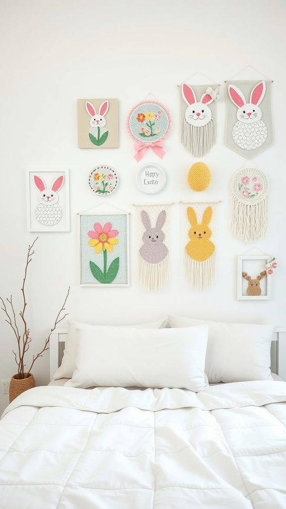 Colorful Easter-themed wall hangings featuring bunnies and flowers.