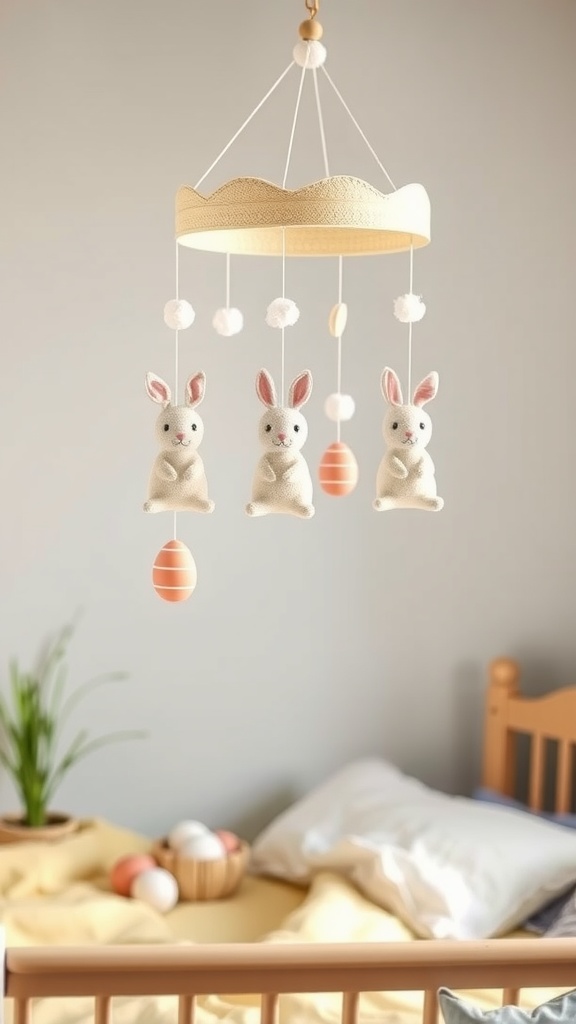 A decorative mobile featuring plush bunnies and colorful eggs, hanging above a cozy bed.