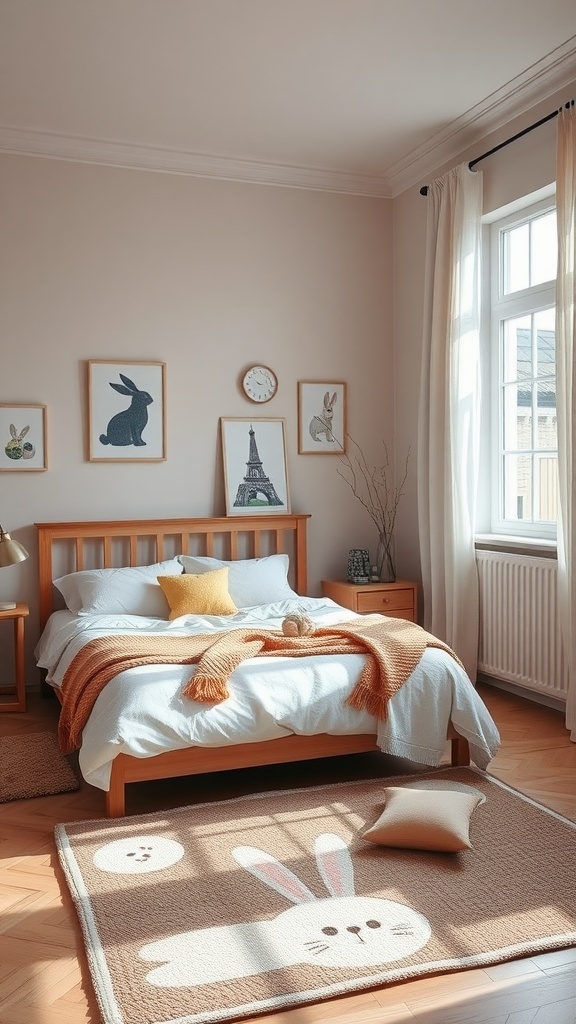 A cozy bedroom featuring a bunny-themed rug and Easter decor.