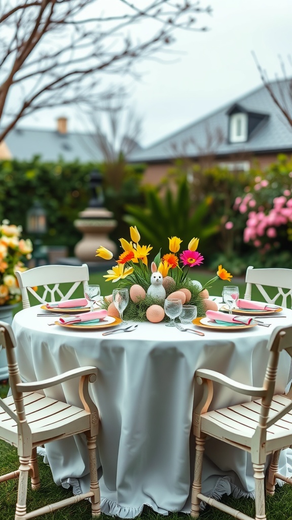 A beautifully decorated outdoor table for Easter with flowers, pastel eggs, and a bunny centerpiece.