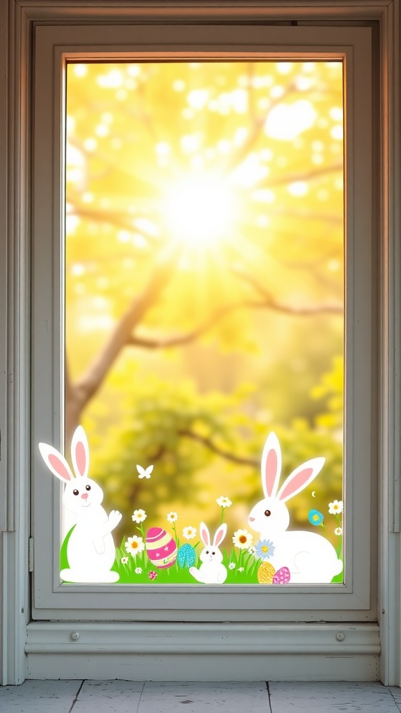 Brightly decorated window with Easter-themed clings featuring bunnies and eggs