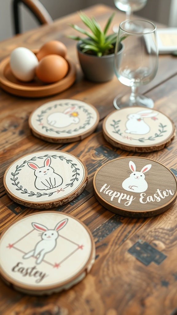 Wooden Easter-themed coasters with bunny designs on a rustic table.