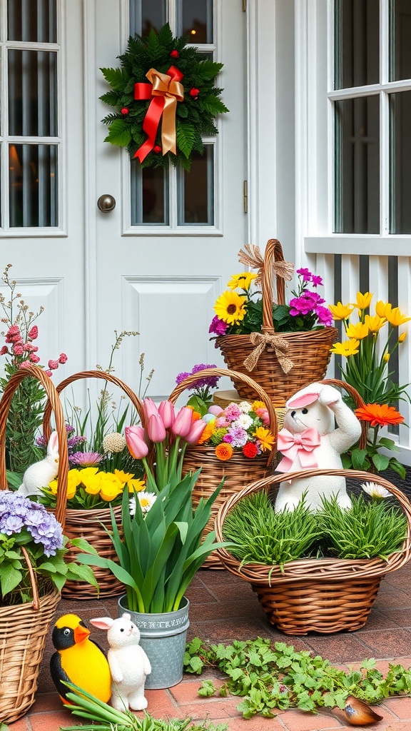 Colorful Easter basket displays on a porch with flowers and bunny decorations.