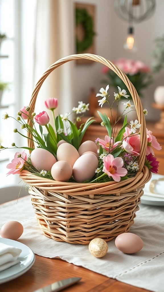 A wicker basket filled with pastel eggs and colorful flowers, set on a table.