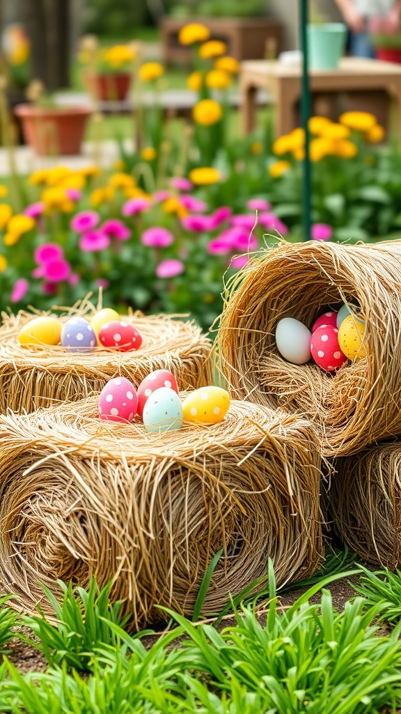 Hay bales decorated with colorful Easter eggs in a garden