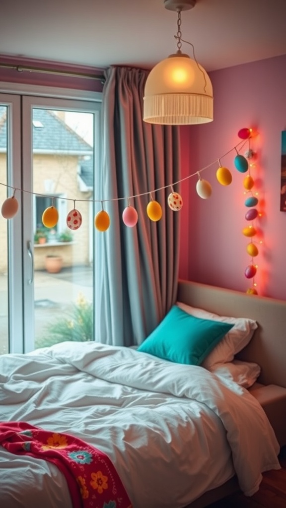 Colorful Easter egg garland hanging in a cozy bedroom.