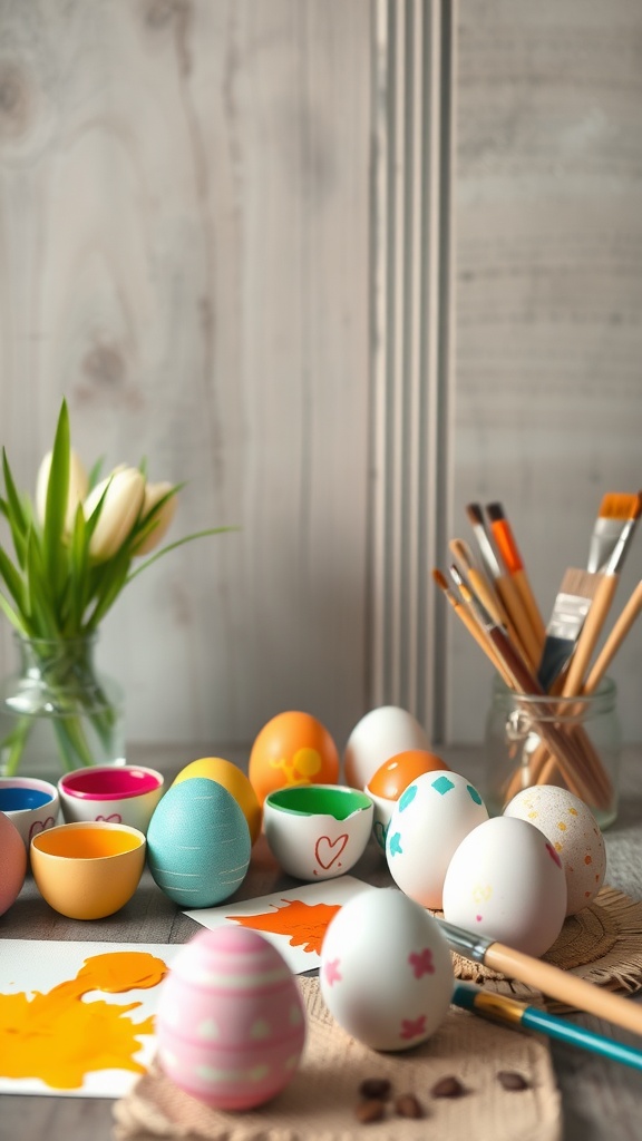 A colorful Easter egg painting station with eggs, paints, and brushes.