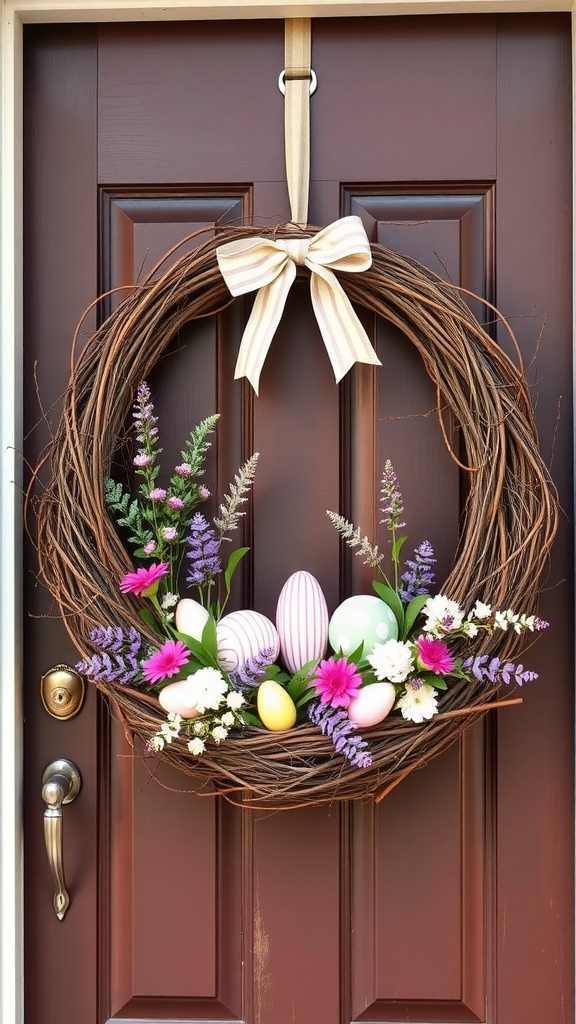 A cheerful Easter grapevine basket wreath with pastel eggs and colorful flowers.