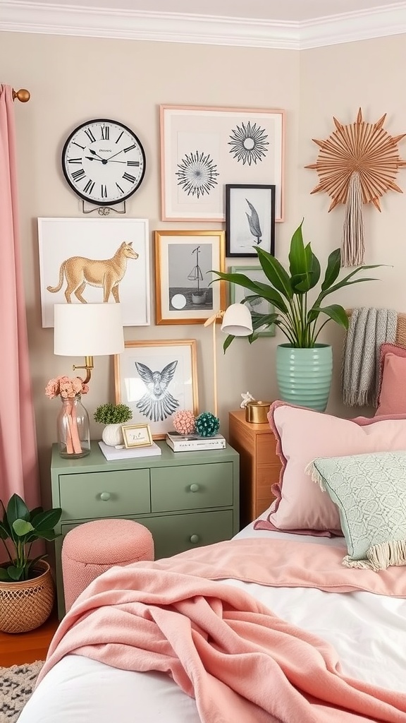 A cozy bedroom with sage green and pink decor featuring eclectic art and plants.