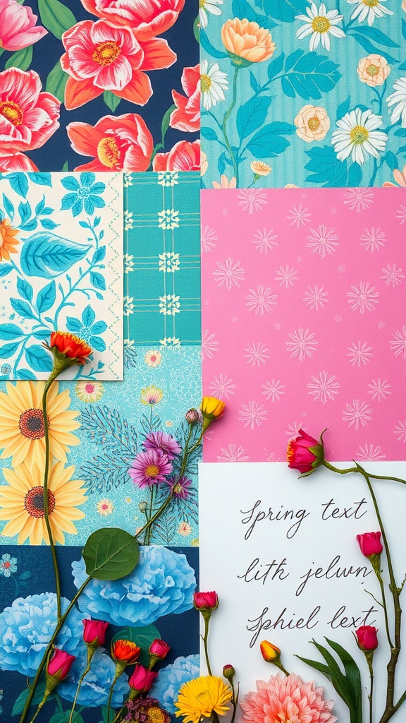 A collage of colorful floral patterns with flowers and text.