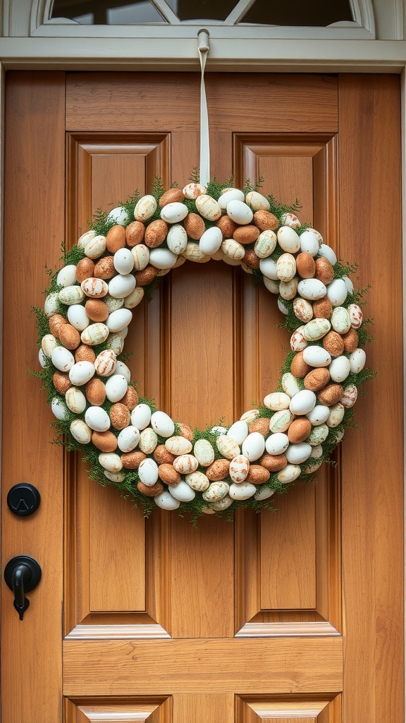 A handmade wreath made of embellished eggshells hanging on a wooden door.