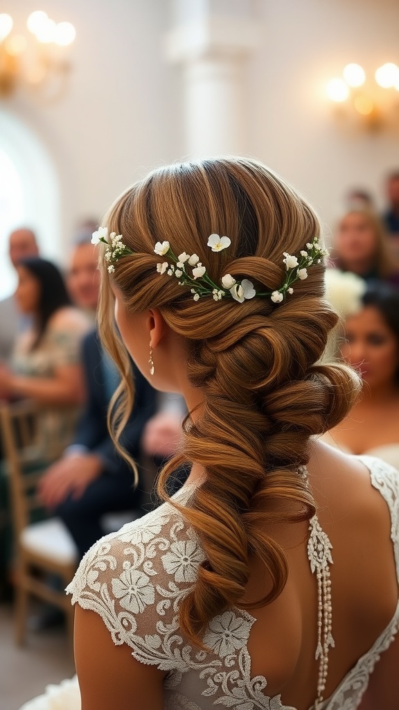 A bride with a braided updo adorned with small white flowers.