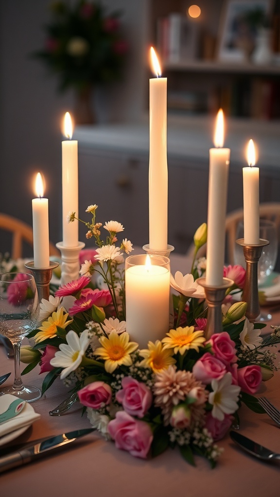 A beautifully arranged candlelit centerpiece featuring white candles and colorful flowers.