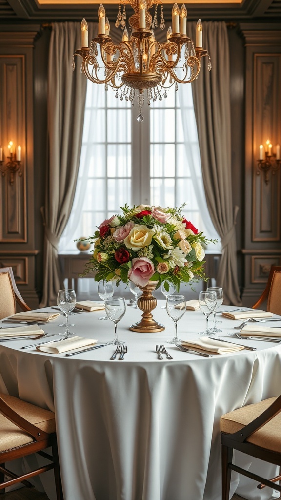 Elegant dining room table set with floral centerpiece and linen tablecloth