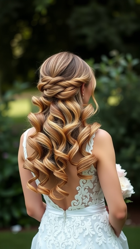 A bride with long hair styled in loose waves, featuring a beautiful back view of her hairstyle.