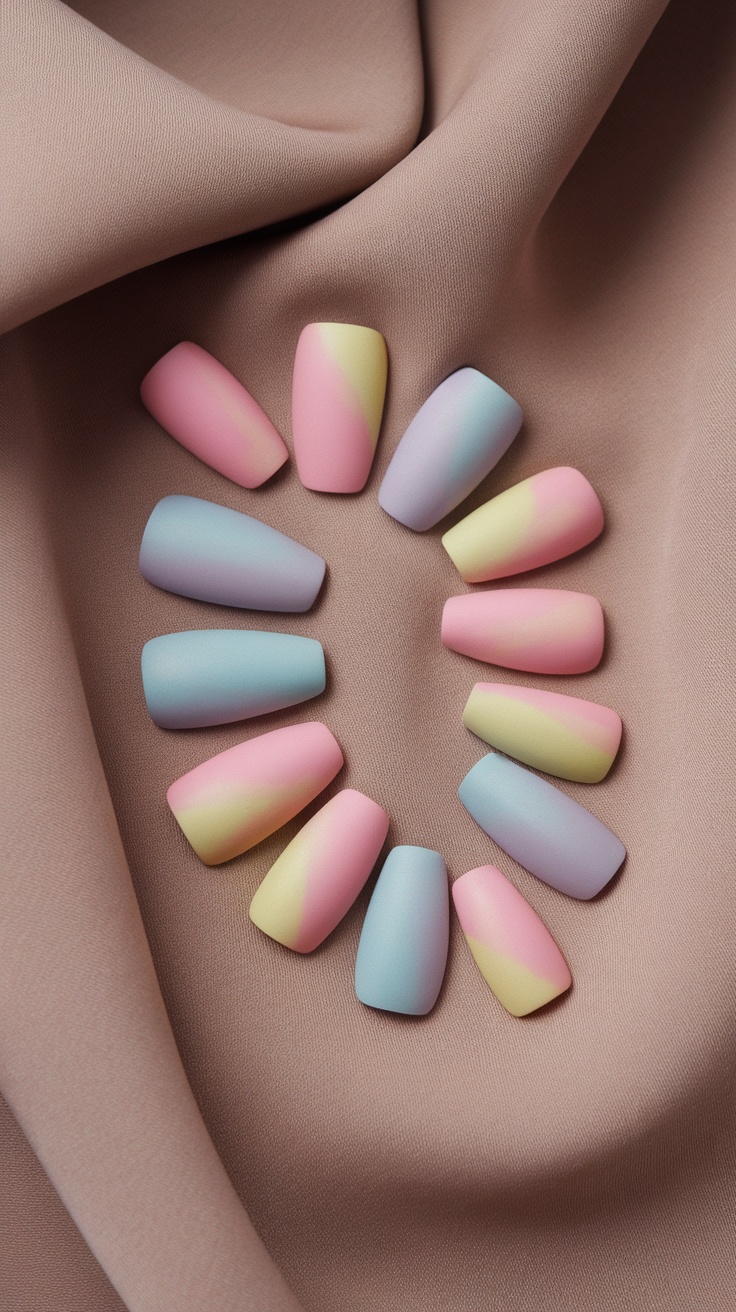 Close-up of pastel matte finish nails in pink, blue, and yellow, arranged on a soft fabric background