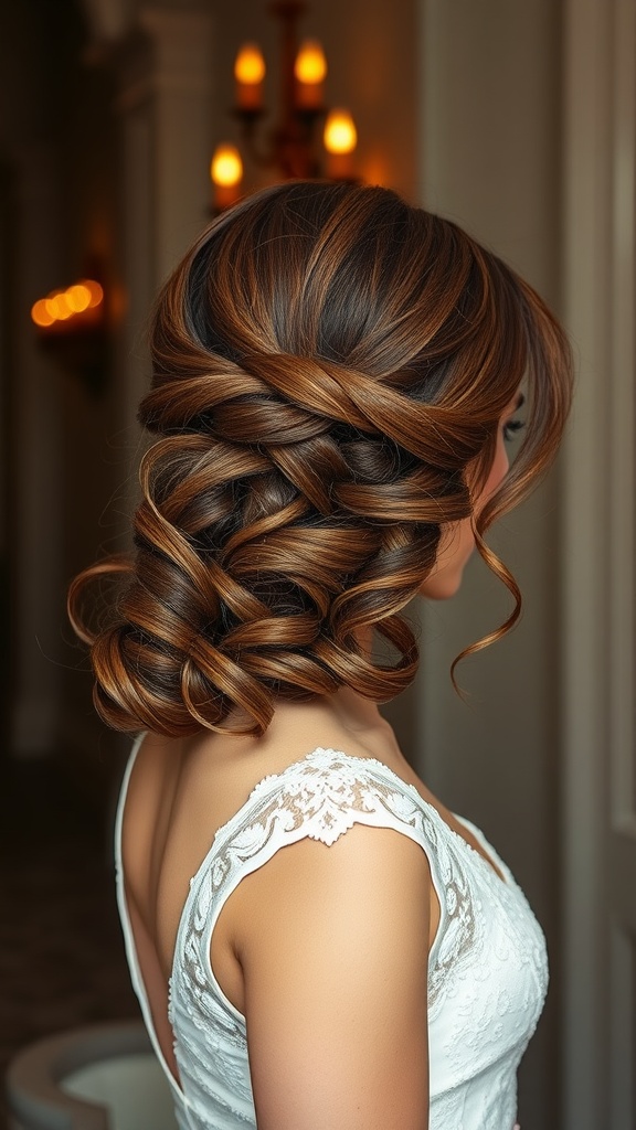 A bride with elegant S-shaped curls styled in her long hair, showcasing a romantic and sophisticated look.