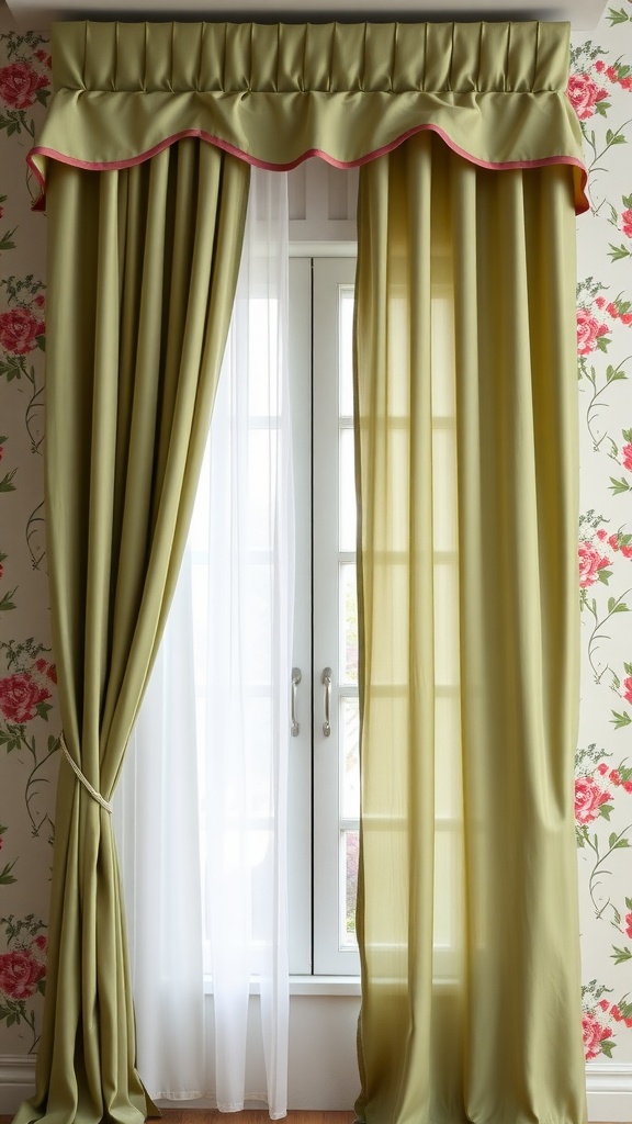 Sage green curtains hanging in a bedroom with floral wallpaper