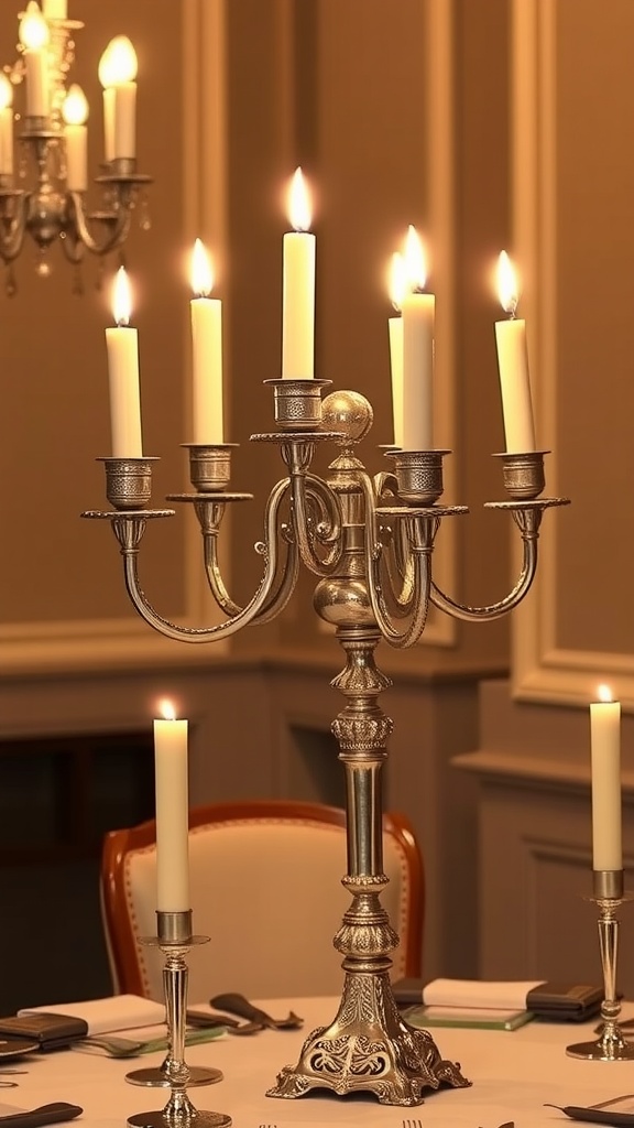 A silver candelabra with lit candles on a beautifully set table.