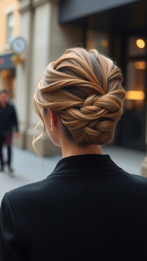 A sophisticated twist and pin hairstyle suitable for wedding guests.