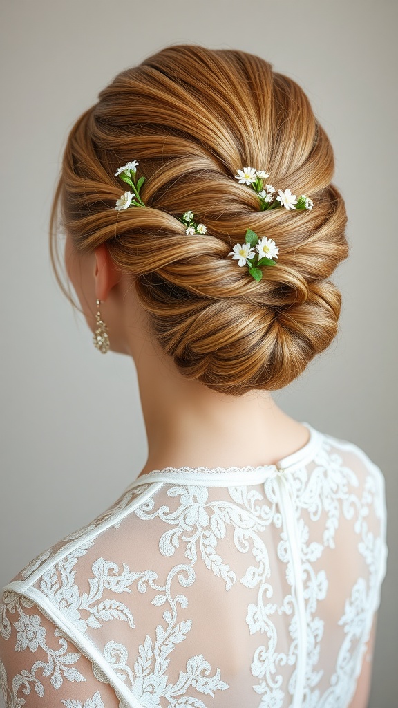 Elegant updo hairstyle with braids and flowers, suitable for wedding guests.