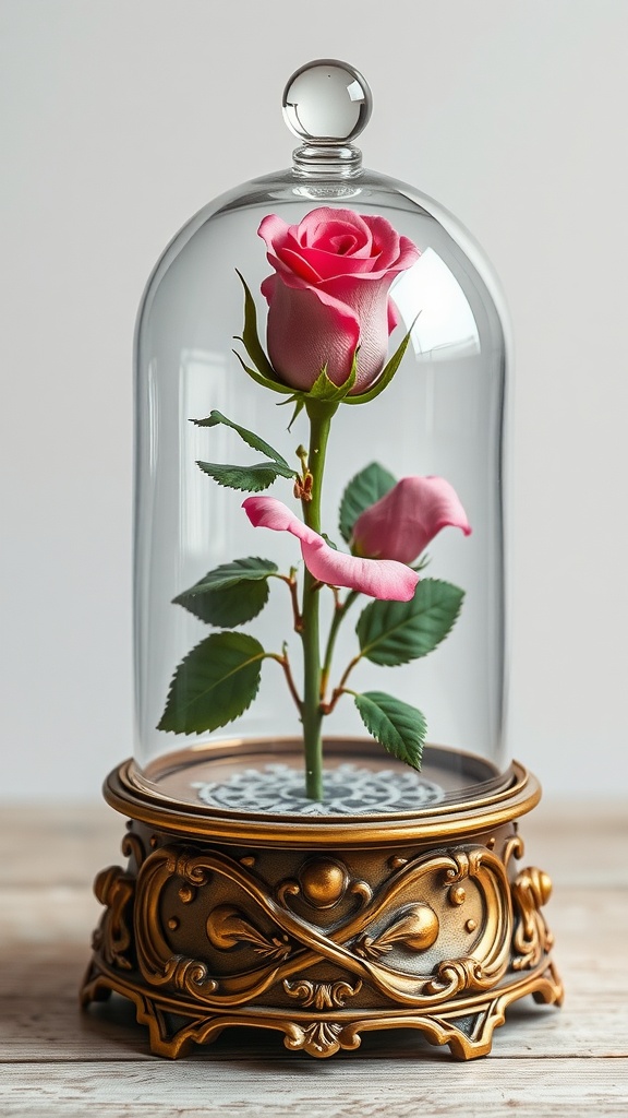 An elegant glass dome containing a pink rose with green leaves, resting on an ornate golden base.