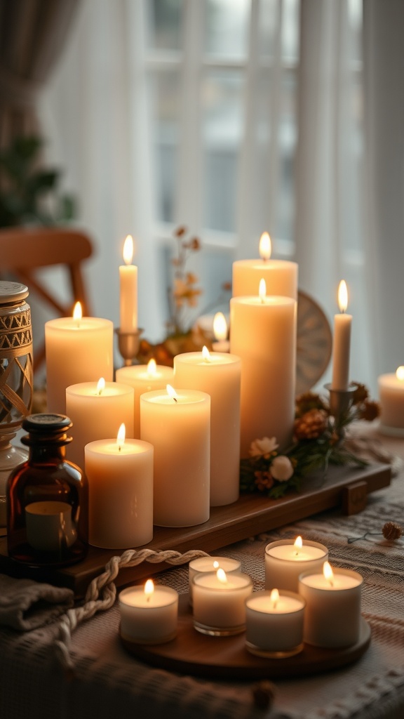 A collection of lit scented candles in a cozy home setting.