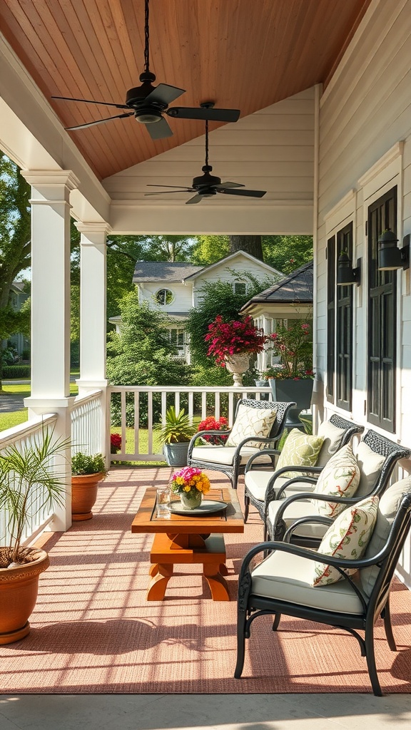 A cozy front porch with comfortable seating, a table, and colorful plants.