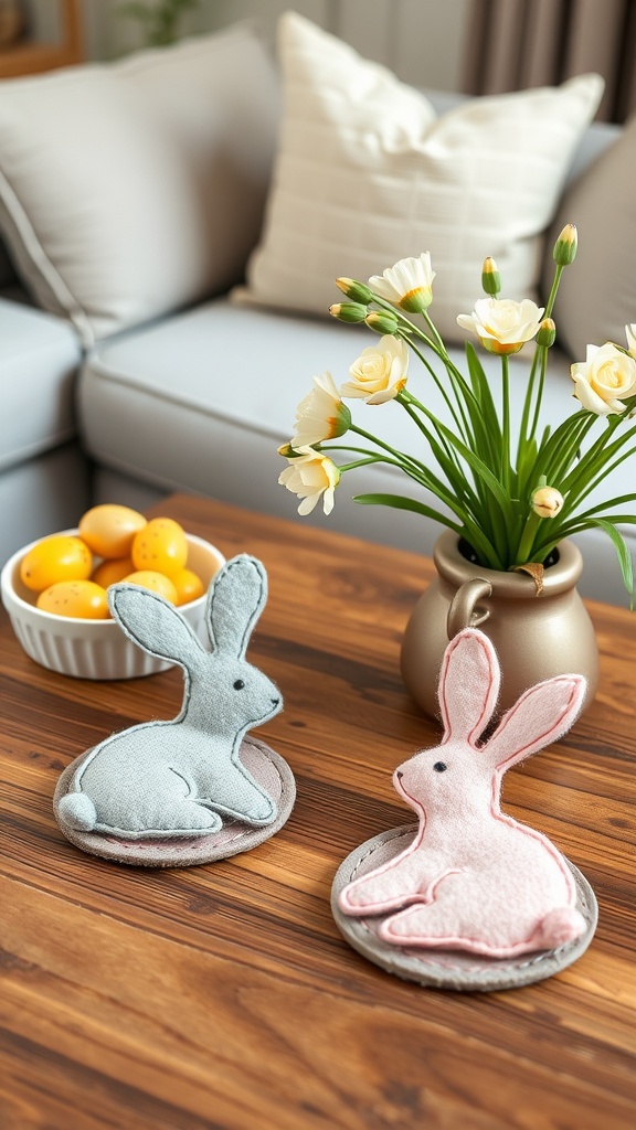 Two felt bunny coasters in pastel colors on a wooden table with flowers and decorative eggs.