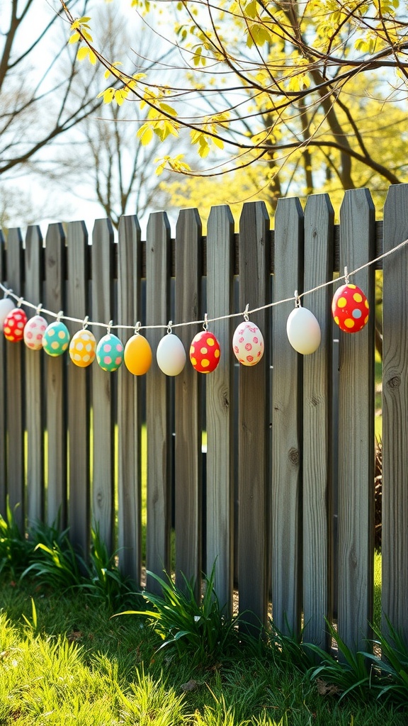 A colorful garland of decorated eggs hanging on a wooden fence with greenery in the background.