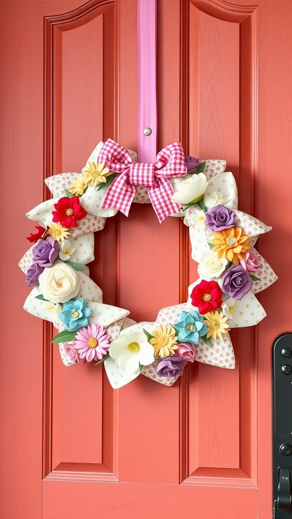 A colorful fabric wreath adorned with flowers and a pink checkered bow, hanging on a red door.