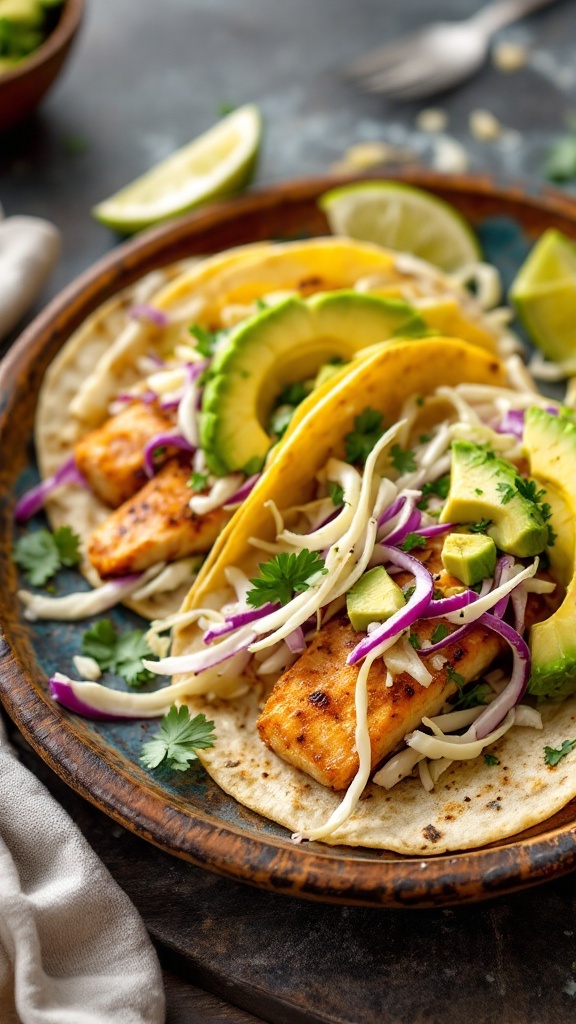 Delicious fish tacos topped with cabbage slaw, avocado, and lime.