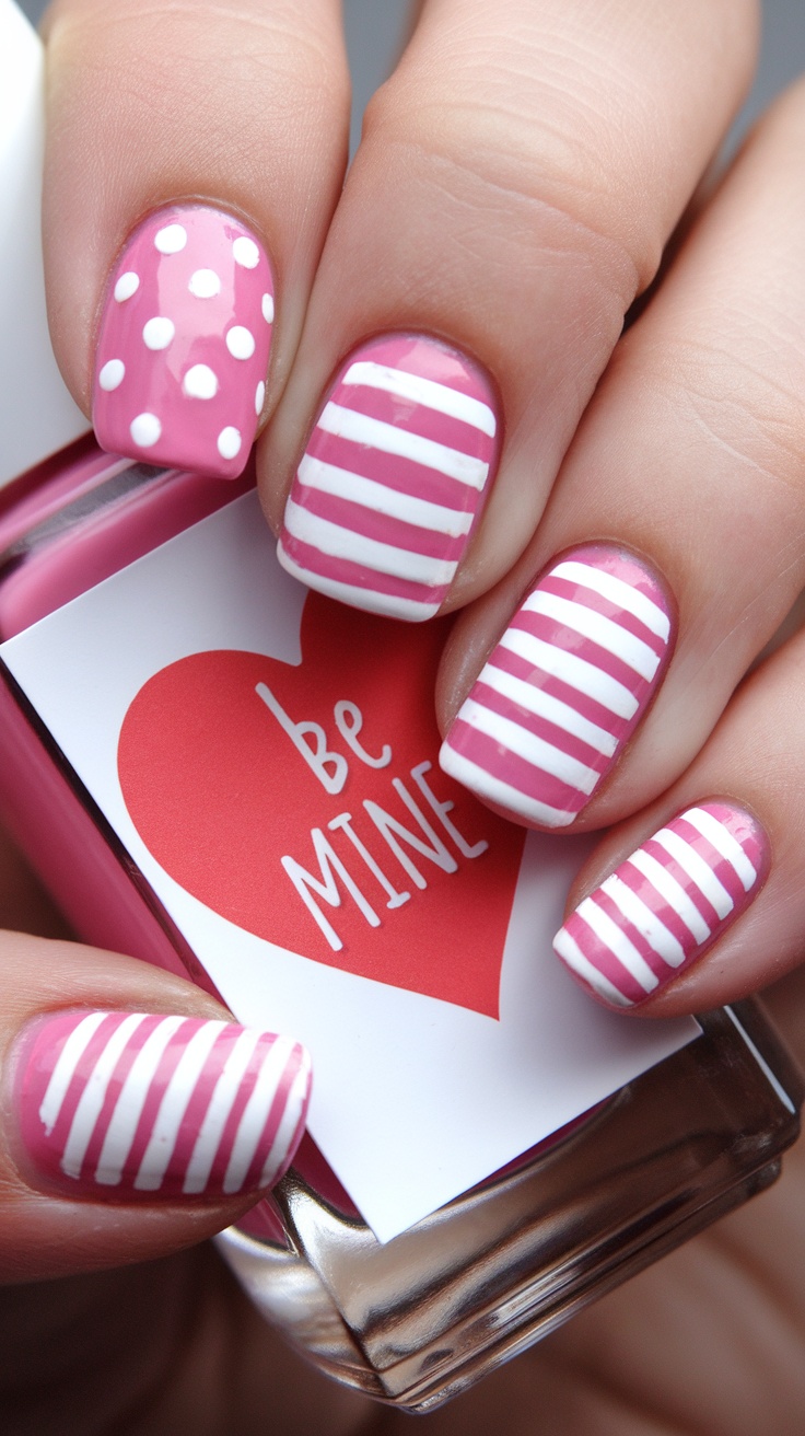 Close-up of nails with pink base, white polka dots, and stripes, featuring a 'be MINE' tag