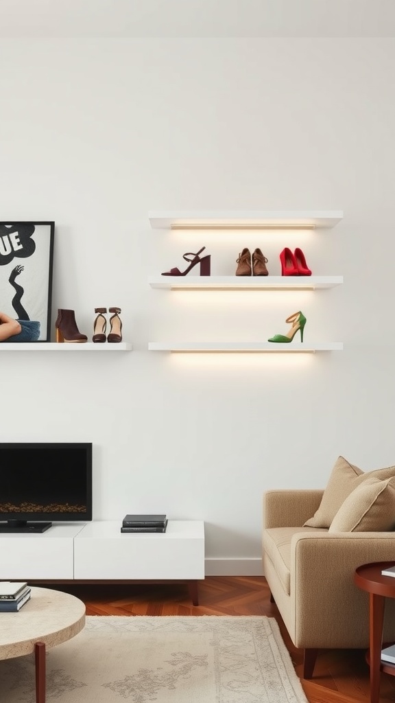 Floating shelves displaying various stylish shoes in a modern living space