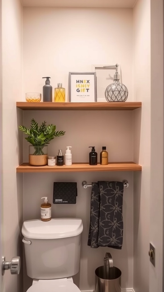 Stylish floating shelves in a small bathroom, displaying decorative items and toiletries.