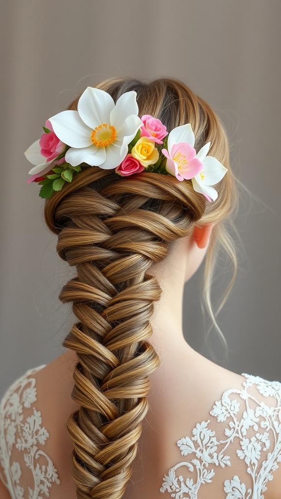 A beautiful floral-embellished braid hairstyle with white and pink flowers.