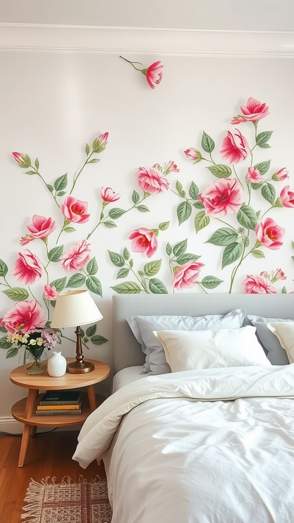 Floral accent wall in a sage green and pink bedroom