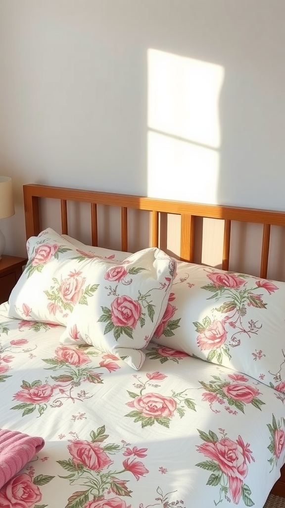 A cozy bedroom featuring floral bedding with pink roses and green leaves