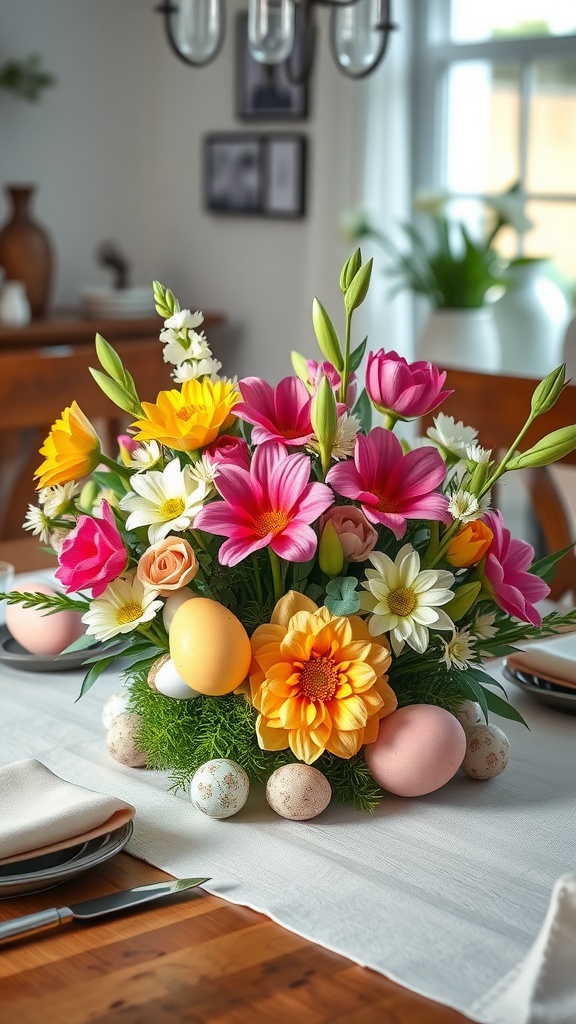 A vibrant floral centerpiece with colorful flowers and decorative eggs.