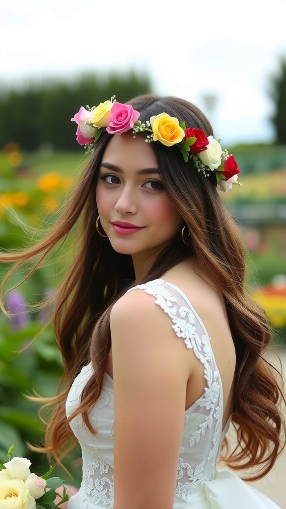 Bride wearing a floral crown with long, loose hair outdoors.