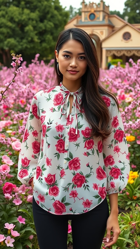 A woman wearing a floral print blouse in a flower garden.