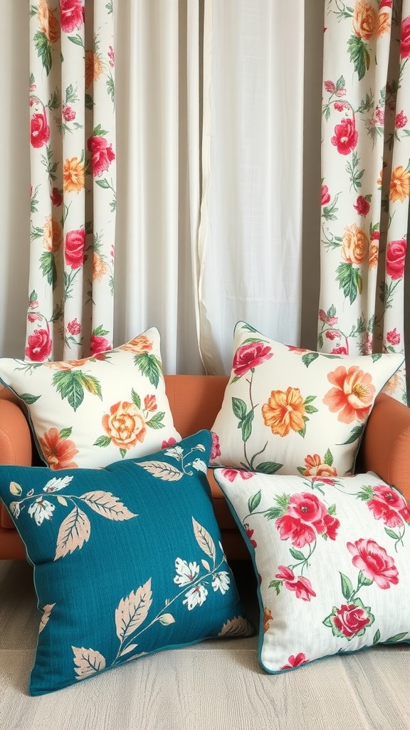 A cozy living room setup featuring floral print pillows and curtains, showcasing a spring aesthetic.