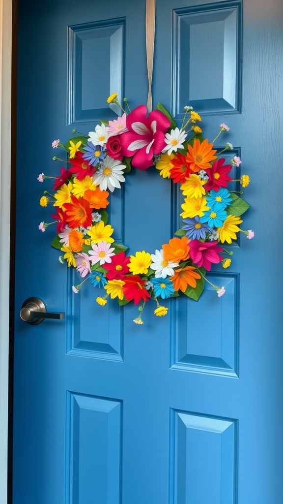 A colorful handmade floral wreath hanging on a blue front door.