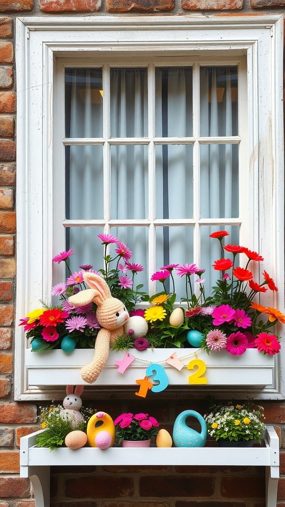 A window box decorated with colorful flowers, Easter eggs, and a plush bunny, set against a brick wall.