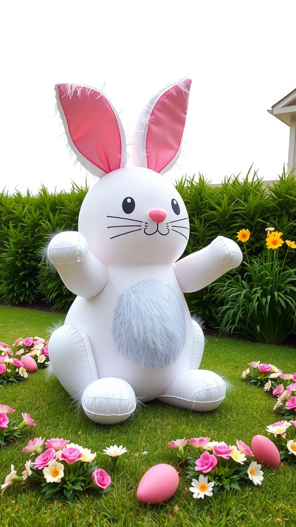 A large fluffy Easter bunny inflatable surrounded by flowers and Easter eggs in a yard.