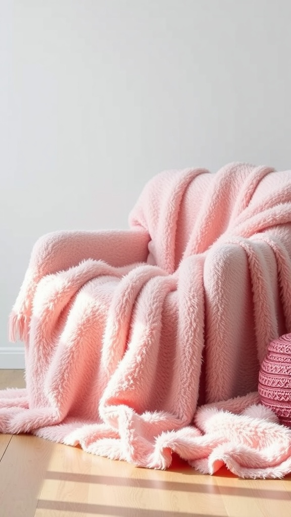 A cozy pink throw blanket draped over a chair.