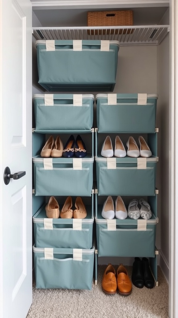 Organized foldable shoe storage with bins in a closet